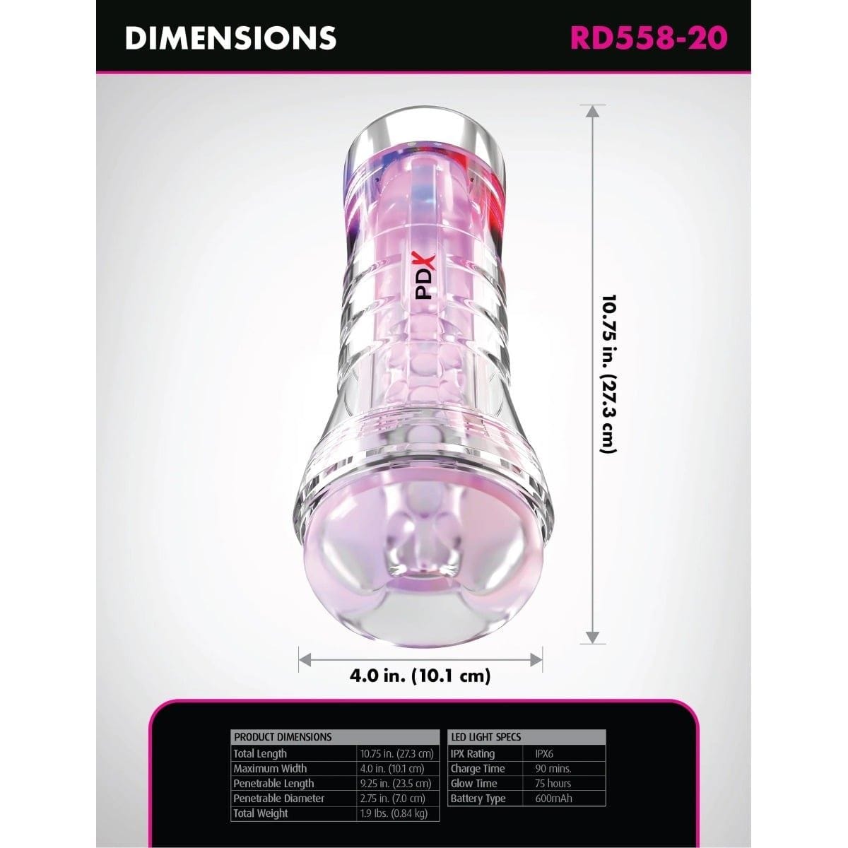 PDX Elite Male Masturbators PDX Elite ViewTube XXL See Thru EZ Grip LED Stroker Clear - Masturbator