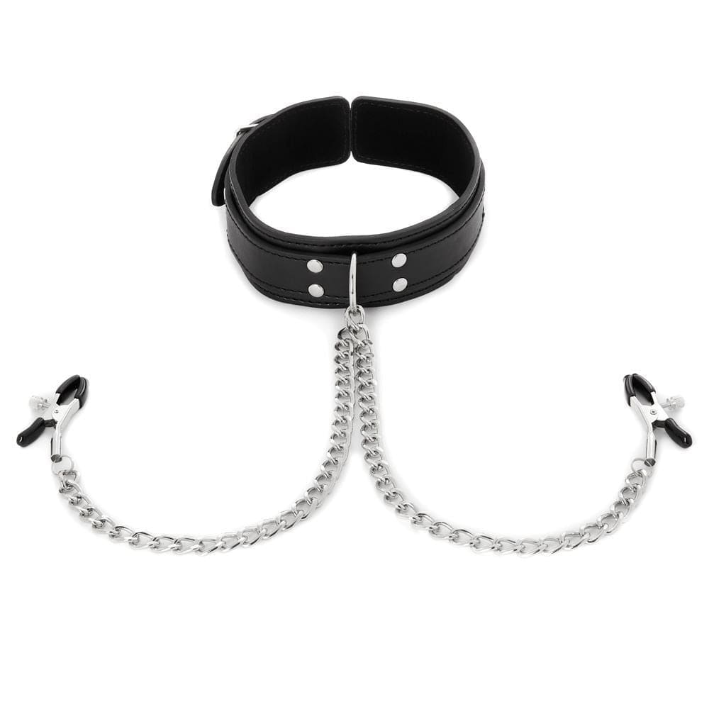 Sportsheets Bondage Submission BDSM Collar with Stimulating Nipple Clamps - Spanksy