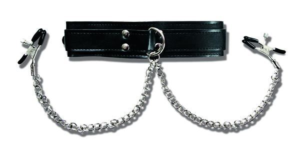 Sportsheets Bondage Submission BDSM Collar with Stimulating Nipple Clamps - Spanksy