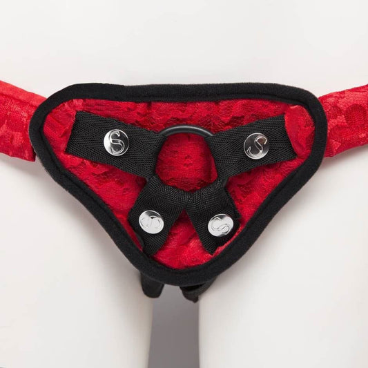 Sportsheets Strap On Red Lace Corsette Harness Multi Size O Rings - Spanksy