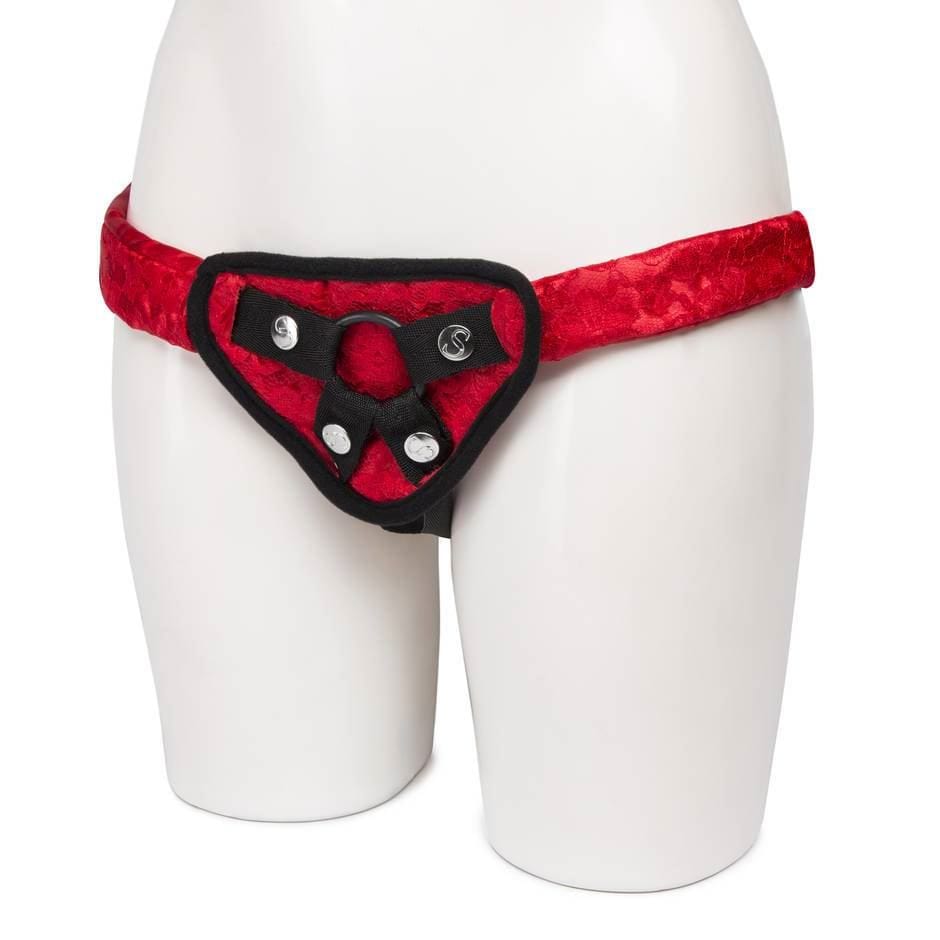Sportsheets Strap On Red Lace Corsette Harness Multi Size O Rings - Spanksy