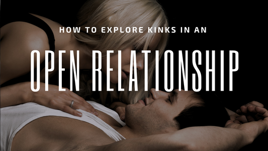 A couple lying in bed together dark lighting and the writing 'How to explore kinks in an open relationship' in white over the top