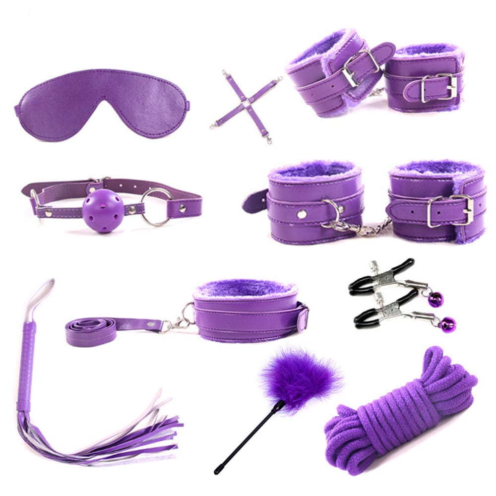 BDSM 10 Piece Cuffs Whip Rope Nipple Clamps Kit Purple - Spanksy