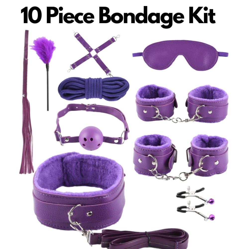 BDSM 10 Piece Cuffs Whip Rope Nipple Clamps Kit Purple - Spanksy