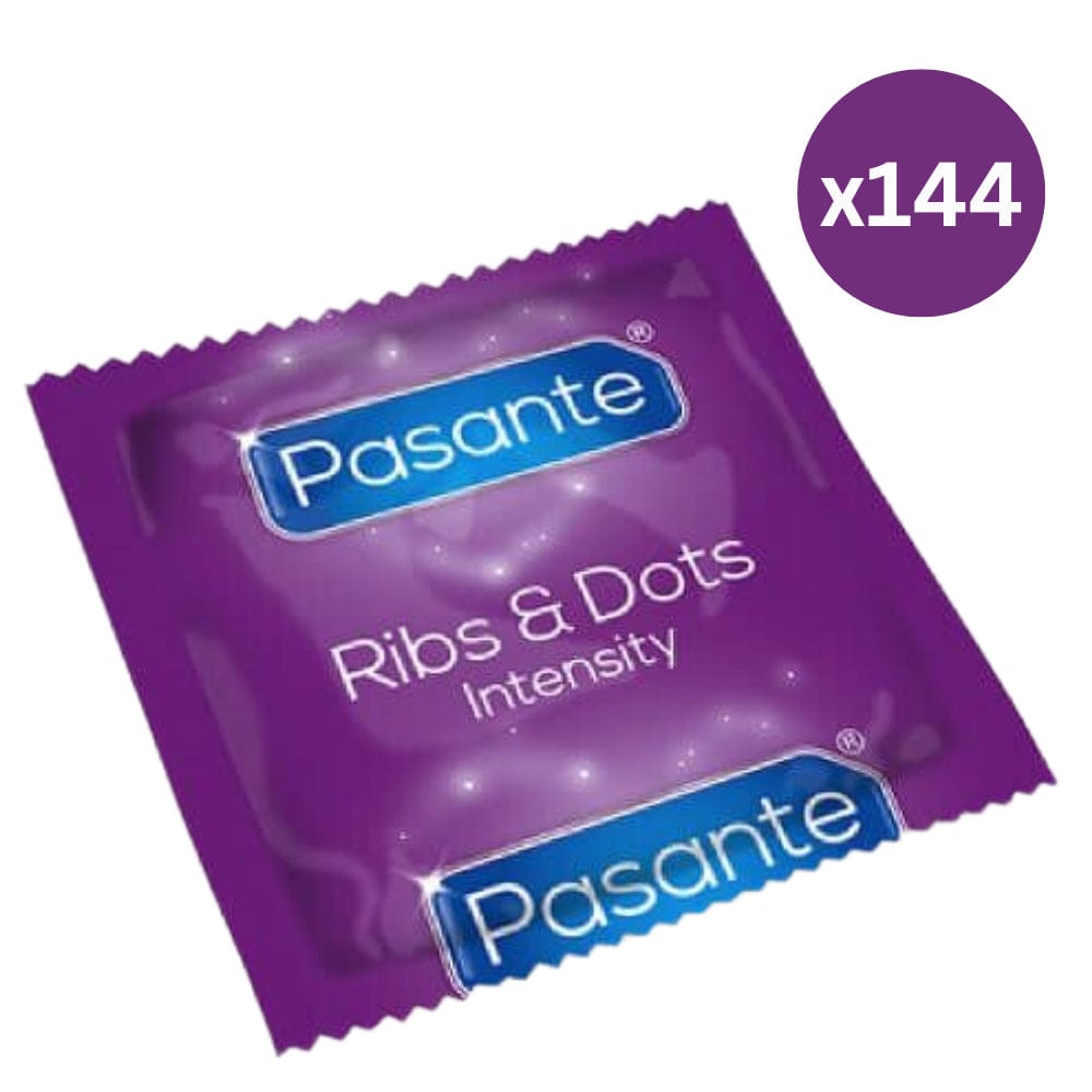 Spanksy Condoms 144 Pack Pasante Condoms Intensity Ribbed Ribs & Dots CE Marked Vegan Friendly