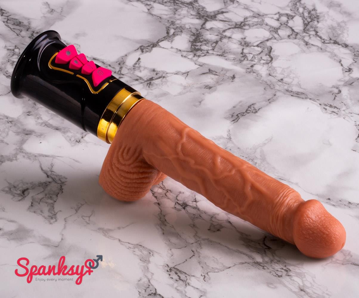 Spanksy Sex Machines 6" Thrusting Vibrating Dildo Heated Hands Free Remote Rechargeable Silicone - Black