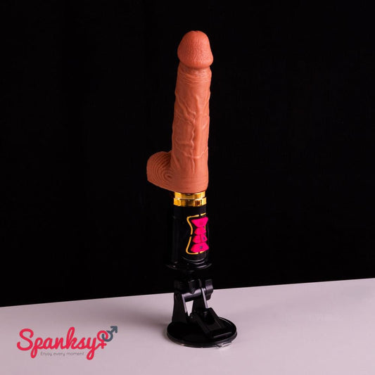 Spanksy Sex Machines 6" Thrusting Vibrating Dildo Heated Hands Free Remote Rechargeable Silicone - Black
