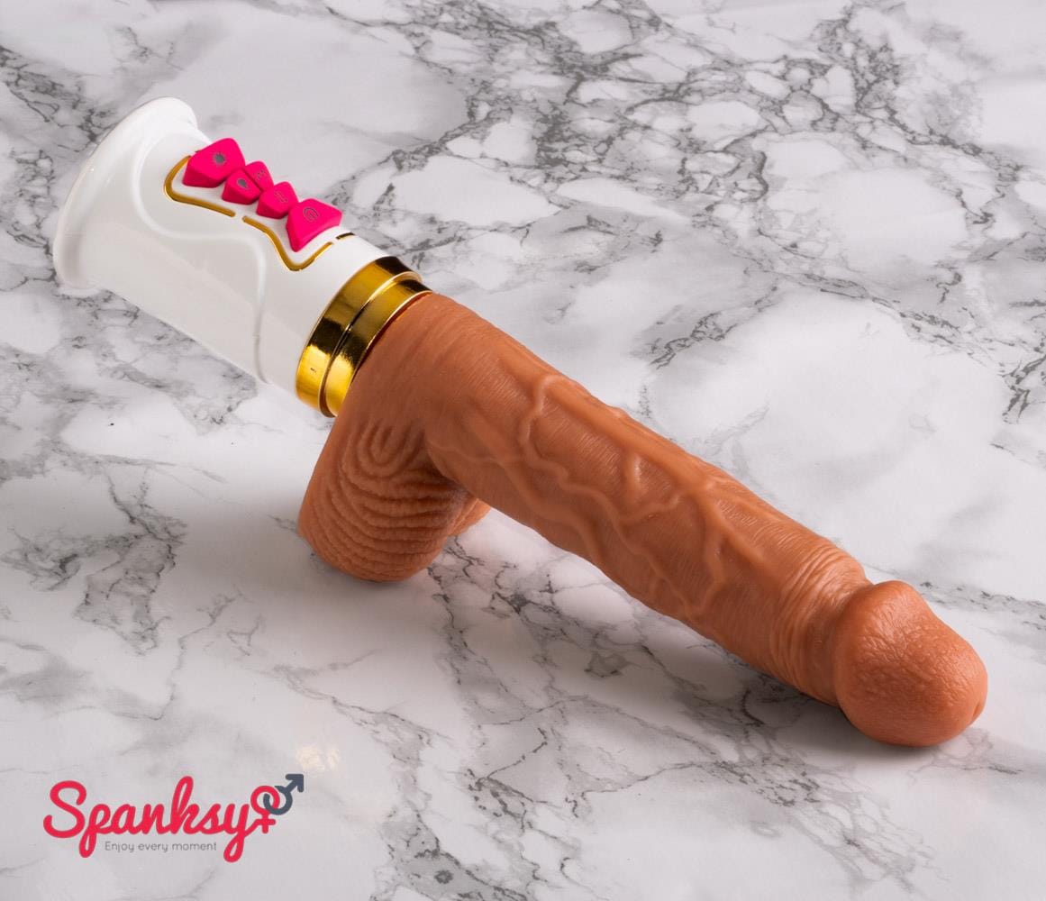 Spanksy Sex Machines 6" Thrusting Vibrating Dildo Heated Hands Free Remote Rechargeable Silicone - White