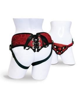 Sportsheets Strap On Red Lace Corsette Harness Multi Size O Rings - Spanksy