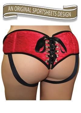 Sportsheets Strap On Red Lace Corsette Harness Multi Size O Rings - Spanksy